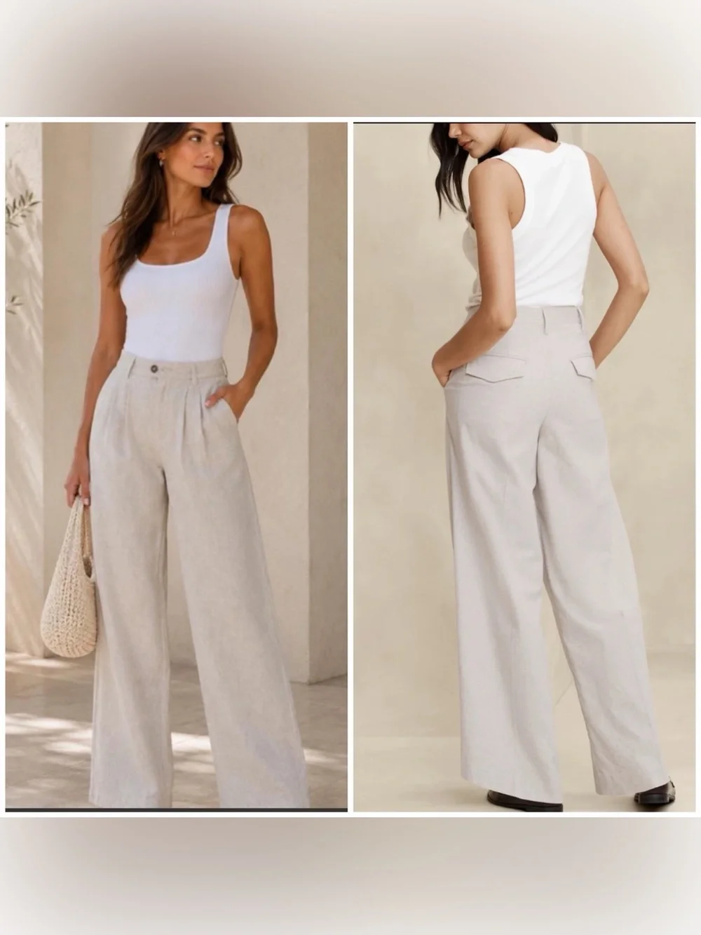 Banana Republic Beige Linen Blend Wide Leg Pleated Trouser Pants Flax Size 4